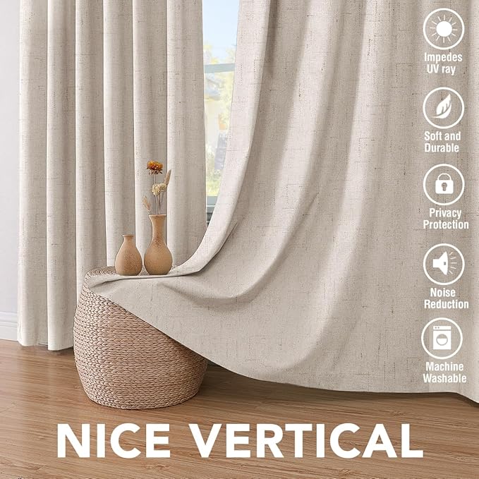 H.VERSAILTEX Linen Blackout Curtains 54 Inches Long 100% Blackout Thermal Insulated Textured Linen Look Curtain Draperies Anti-Rust Grommet, Energy Saving with White Liner, 2 Panels, Natural