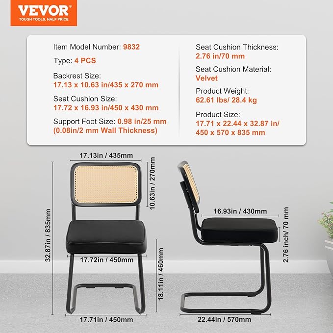 VEVOR Rattan Dining Chairs Set of 4, Mid Century Modern Dining Chair, Upholstered Velvet Accent Chair with Rattan Back, Retro Dining Room Kitchen Chair for Living Room, Bedroom (18.1 Inch)