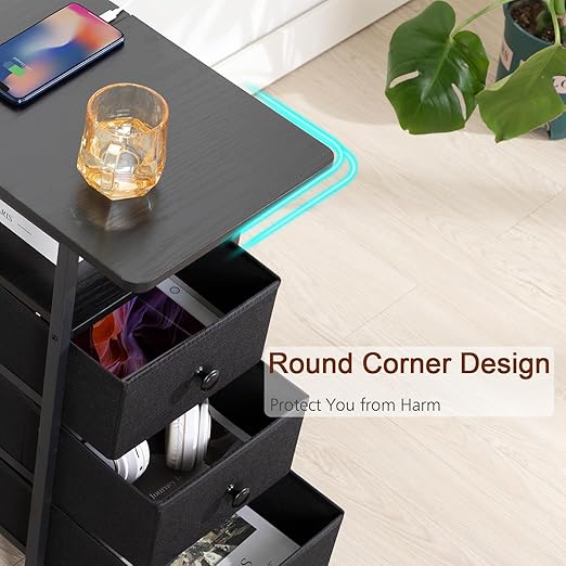 AMHANCIBLE End Tables Living Room with Charging Station, Narrow Side Table with USB Ports and Outlets, Slim Nightstand with 3 Fabric Drawers for Bedroom, Small Space, Black, HETN013BK-1