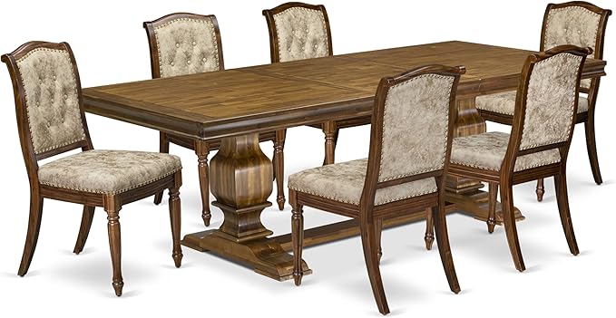 NKMA7-AWA-36 7 Pieces Kitchen Table Set Includes a Rectangular Dining Table and 6 Light Beige Polyester Fabric Dinner Chairs, Antique Walnut Finish