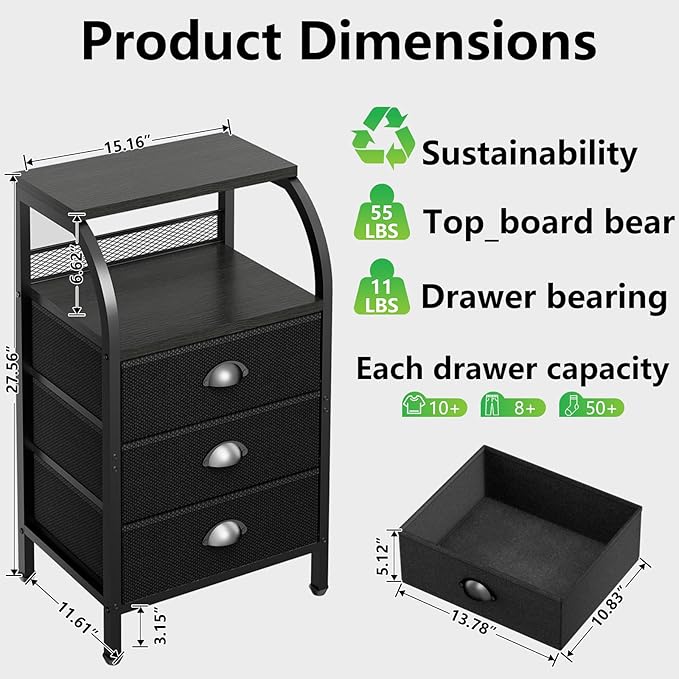 Night Stand Nightstand with Drawer Black Nightstands Storage Night Stands 3 Drawers Bedside Dressers Table Open Shelves Bed Side End Tables for Bedroom Living Room Furniture Small Table Fabric Cabinet