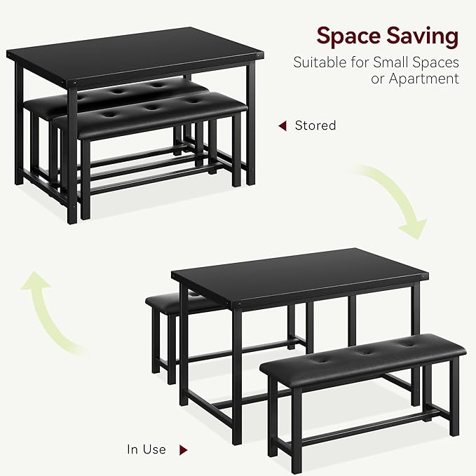 Dining Table Set for 4, Kitchen Table with 2 Upholstered Benches, 3-Piece Dining Room Set for Kitchen, Apartment and Small Spaces, Black