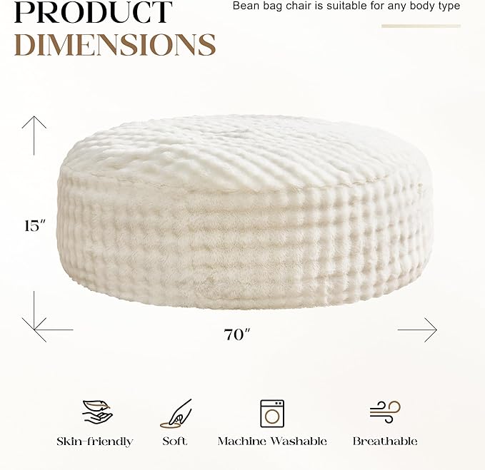 Hobestluk Bean Bag Chairs 6ft Beanbag Chair with Filler Adult Bean Bags with Fluffy & Machine Washable Cover, Giant Bean Bag Chairs for Aduts (White, 6FT-70" x 70" x 15")