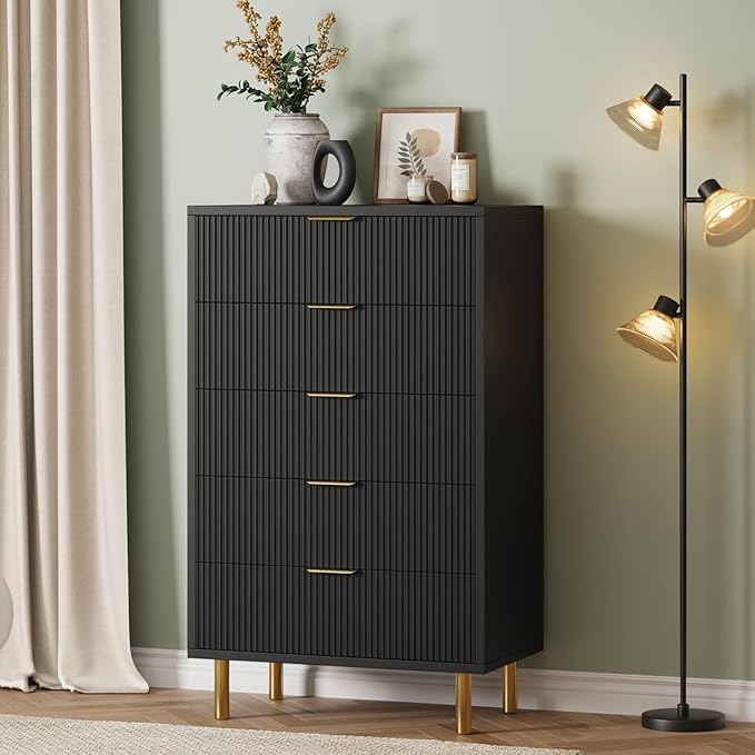 GarveeHome Black Dresser, Modern 5 Drawer Dresser for Bedroom with Gold Handle and Large Drawer, Wood Double Chest of Drawers and Storage Organizer for Living Room, Hallway, Entryway