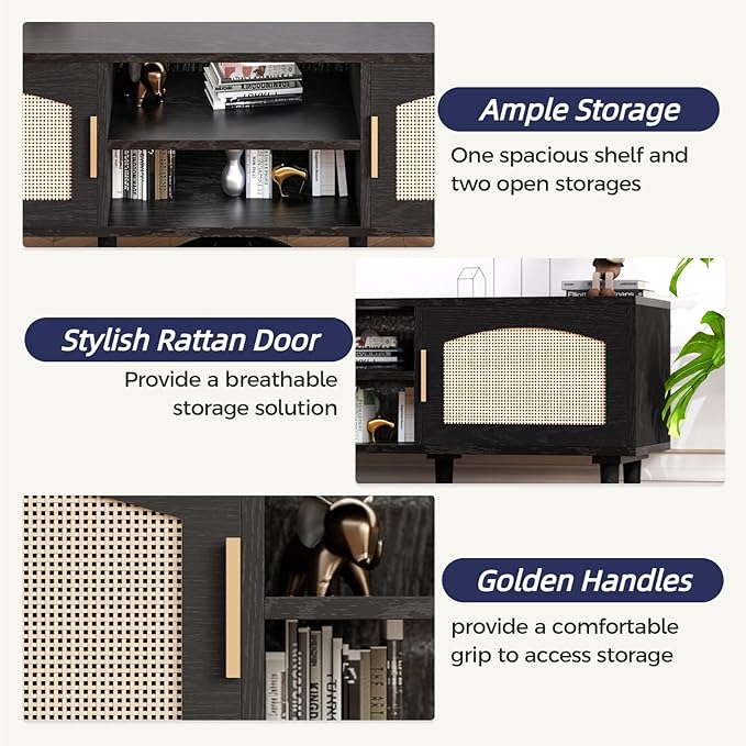 TV Stand for TVs up to 60", Modern Entertainment Center with 2 Rattan Doors, TV Cabinet with Solid Wood Legs & Golden Handles, TV Media Console Table for Living Room, Black & Wood