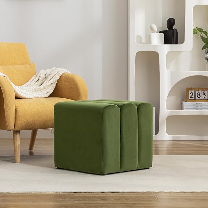 ONEVOG 18" Large Square Ottoman Foot Rest, Olive Green Velvet Fabric Upholstered Modern Cube Footstool, Vanity Stools, Couch Footrest, Comfy Ottoman Pouf Seat for Living Room, Bedroom, Coffee Table