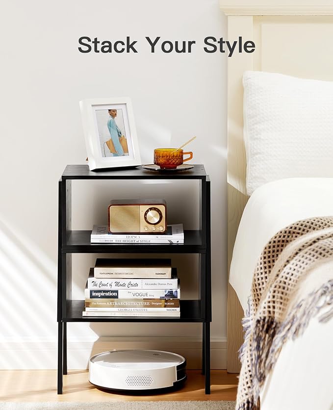 Pipishell Bedside Tables, Stackable Bamboo Nightstands, Bamboo Side Tables for Bedroom & Living Room, End Table Night Stands, Set of 2, Black,PIET01B