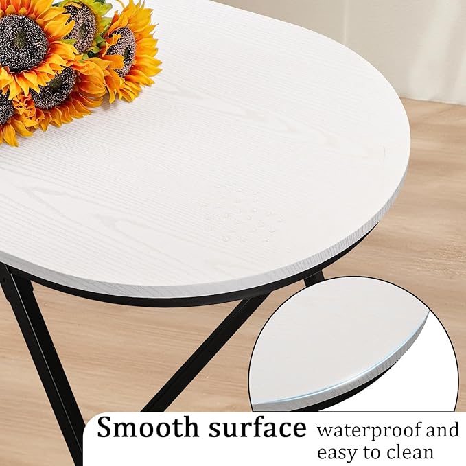 Small Oval Coffee Table Wooden Low Coffee Table with Folding Legs Portable White Center Table Simple Modern Floor Table Desk for Living Room Home Office