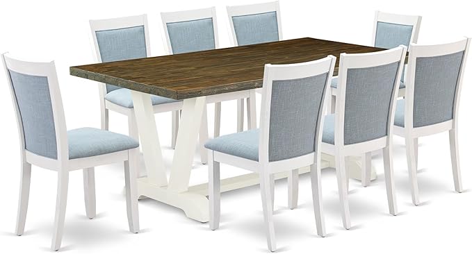East West Furniture V077MZ015-9 9 Piece Kitchen Table & Chairs Set Includes a Rectangle Dining Room Table with V-Legs and 8 Baby Blue Linen Fabric Parsons Chairs, 40x72 Inch, Multi-Color