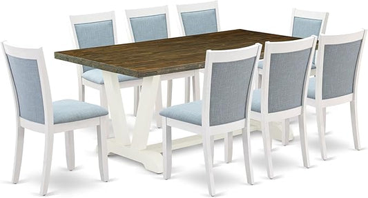 East West Furniture V077MZ015-9 9 Piece Kitchen Table & Chairs Set Includes a Rectangle Dining Room Table with V-Legs and 8 Baby Blue Linen Fabric Parsons Chairs, 40x72 Inch, Multi-Color