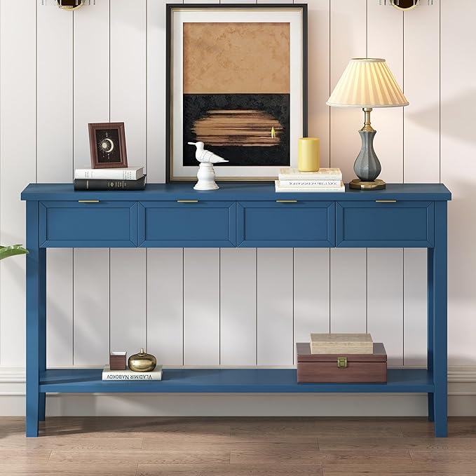 Ball & Cast 60“ Contemporary 4 Drawers Console Table, Long Narrow Entryway-Table with Drawer & Shelf, Modern Storage Sofa Tables, Farmhouse Wood Couch-Tables for Entrance Hallway Living,Blue