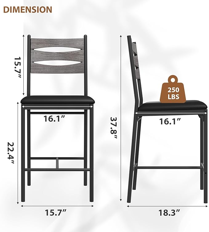 GarveeHome Bar Stools Set of 2, Wooden Barstools, Faux Leather Upholstered Bar Chair with Back & Footrest & Thick Cushion, Counter Height Bar Stools for Kitchen Island Apartment, Grey
