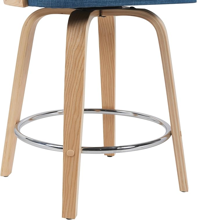 Sonia Modern Swivel Counter Height Bar Stool with Blue Upholstered Seat and Patterned Oak Wood Finish Set of 3