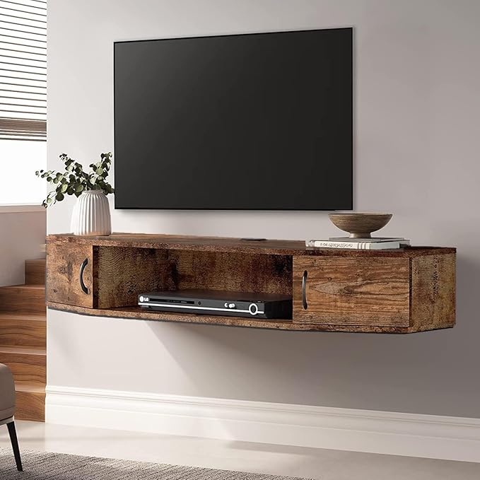FITUEYES Floating TV Stand Wall Mounted TV Shelf Entertainment Center, Media Console with Cabinet Modern Component for Storage Hutch Under TV for Living Room Office,Rustic Brown