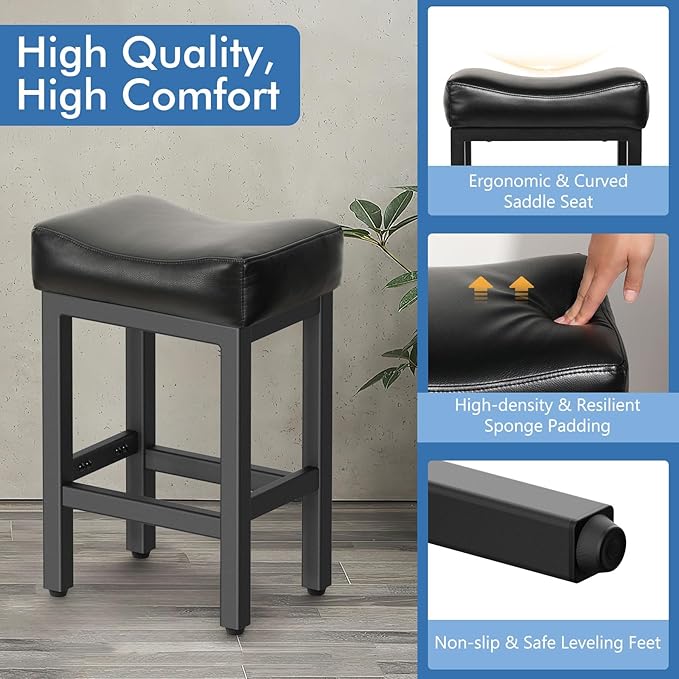 Counter Height Bar Stools Set of 3, 24 Inch Barstools for Kitchen Island Counter, Bonded Leather Kitchen Stools with Saddle Seats & Metal Base, Easy Assembly, Black
