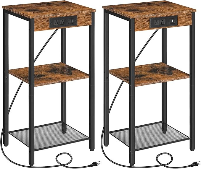 HOOBRO Tall End Tables with Charging Station, Set of 2, 30 Inch Tall Nightstands, 3-Tier Side Tables with Storage Shelves, for Living Room, Bedroom, Hallway, Rustic Brown BF09UDHP201G1