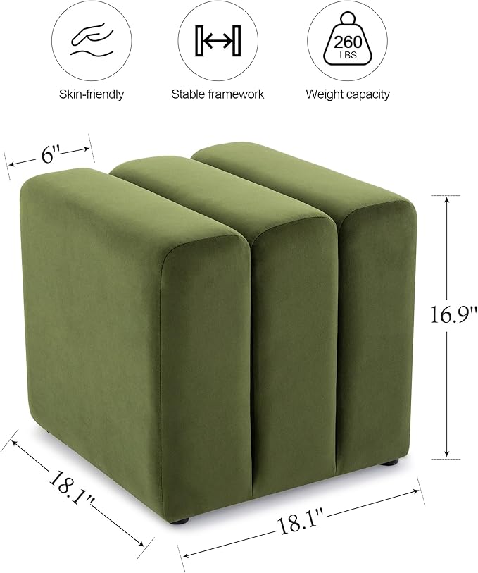 ONEVOG 18" Large Square Ottoman Foot Rest, Olive Green Velvet Fabric Upholstered Modern Cube Footstool, Vanity Stools, Couch Footrest, Comfy Ottoman Pouf Seat for Living Room, Bedroom, Coffee Table