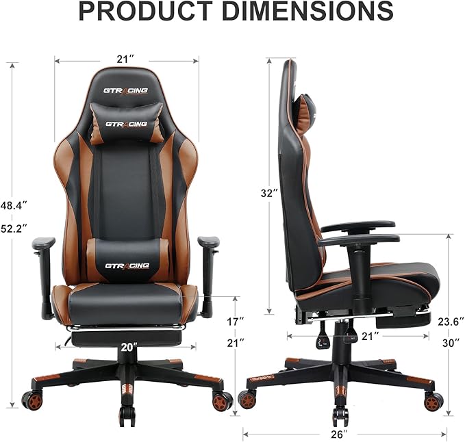 GTRACING Gaming Chair with Footrest, Ergonomic Computer Game Desk Chair, Reclining Gaming Chair Seat Height Adjustment, Swivel Rocker with Headrest and Lumbar (Brown)