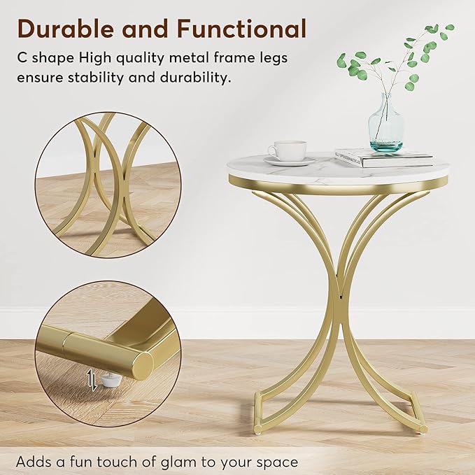 LITTLE TREE Side Table Round End Table Modern Small Accent Table Bedside Table Round Nightstand with Gold Metal Frame and Faux Marble Veneer Engineered Wood for Living Room, White Gold