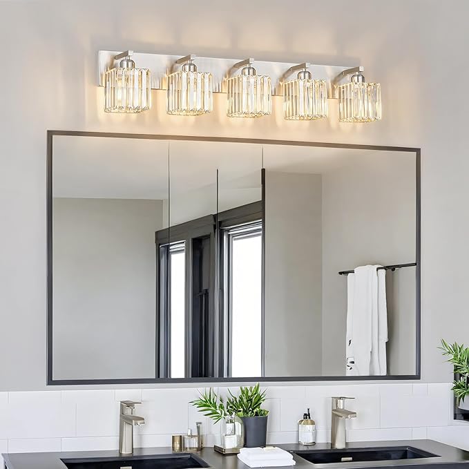 Modern Vanity Light 5-Lights Brushed Nickel Vanity Light Crystal Bathroom Wall Light Bathroom Light Fixtures