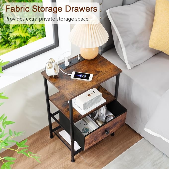 Night Stand Set 2, Nightstand with Charging Station, End Tables Living Room with Fabric Drawer for Small Spaces, Side Tables with Storage Shelf for Bedroom, Rustic Brown HETS010PBR