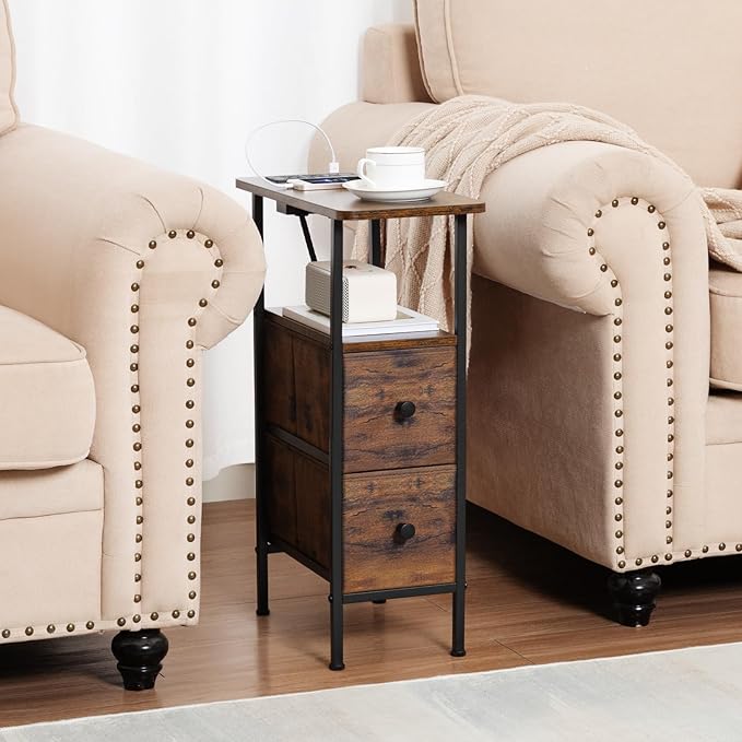 Narrow End Table Living Room with Charging Station, Skinny Side Table with Fabric Drawers, Slim Nightstand for Bedroom, Small Spaces, Couch, Rustic Brown, HETNDP02PBR-1