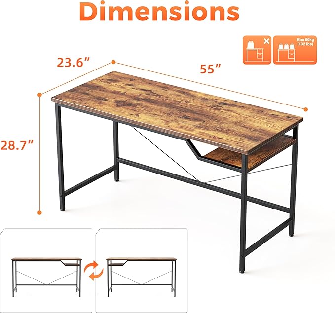 Computer Desk 55 X 24 inch, Gaming Desk for Small Spaces, Modern Simple Style Table for Home Office, Study Student Writing Table (Shelf, Dark Brown, 55 inch)