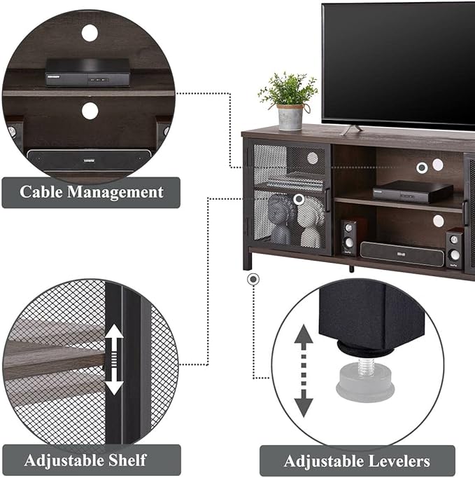 FATORRI Industrial Entertainment Center for TVs up to 55 60 65 Inch, Rustic Wood TV Stand, Large TV Console Cabinet with Doors for Living Room (60 Inch Wide, Walnut Brown)