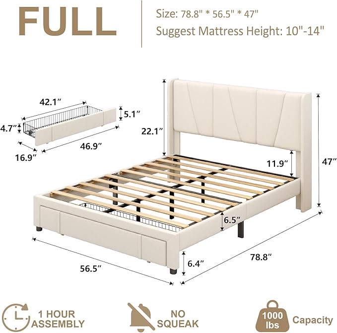 Full Bed Frame with Storage Drawers, Upholstered Platform Bed with Headboard and Wingboard, No Box Spring Needed, Noise Free, Easy Assembly, Wooden Support Slats, Beige