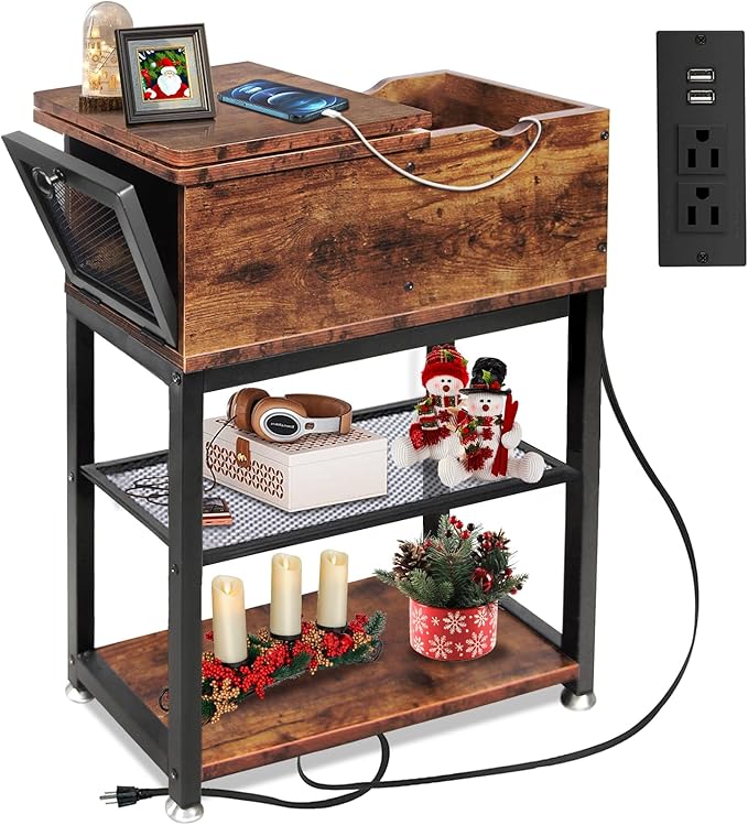 Flip Top End Table for Living Room, 28 inch Side Table, 12" D x 24" W x 28" H, Narrow Side Table with Drawer, 8.4" Deep Drawer, End Table with Charging Station, Steel X-Shaped Frame, Rustic Brown