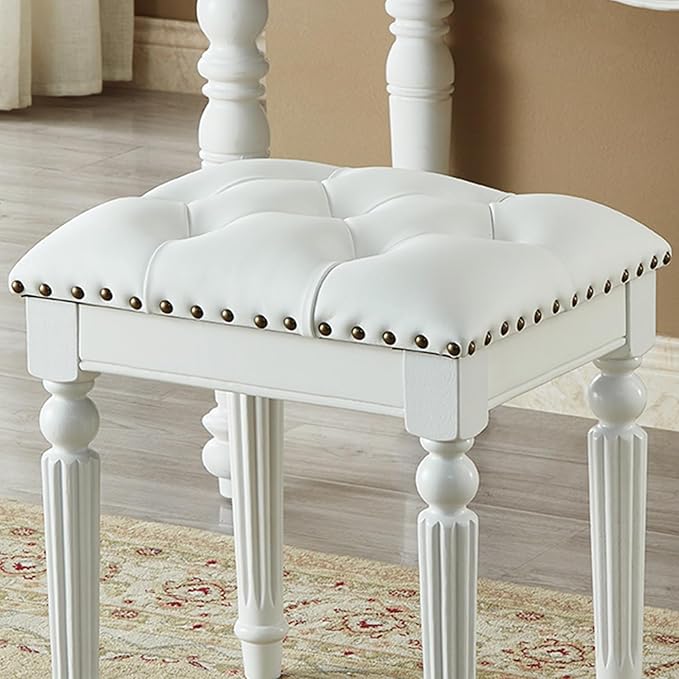 Vanity Bench Stool with Microfiber Leather Cushion, Vanity Chair Ottoman Dressing Stool with Solid Wood Legs for Bedroom, Makeup Room, Dressing Room (White)