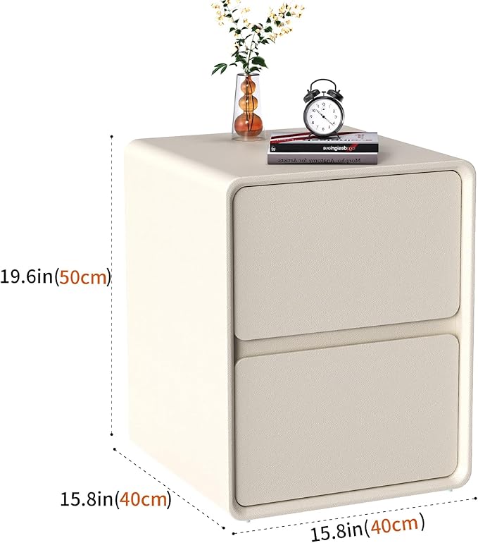 VICITON Modern Narrow Faux Leather Nightstand, Solid Wood Drawer, Storage Accent Table, Small Side End Table for Bedroom (Cream White, Large(15.7inch))