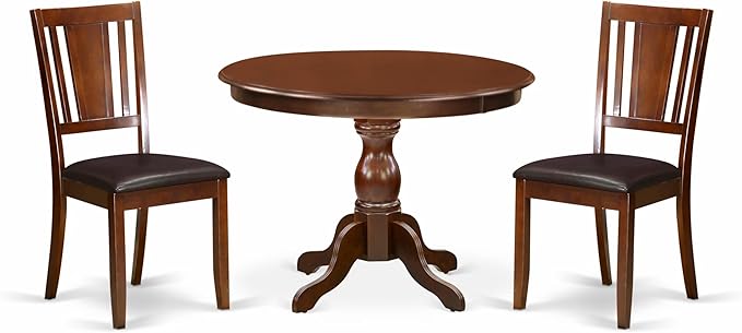 East West Furniture HBDU3-MAH-C 3 Piece Dining Set Contains a Round Dining Room Table with Pedestal and 2 Linen Fabric Upholstered Kitchen Chairs, 42x42 Inch, Mahogany