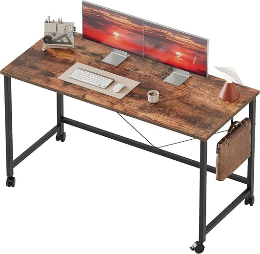 Rolling Computer Desk with Wheels, Gaming Desk for Small Spaces, Modern Simple Style Table for Home Office, Study Writing Table (Caster, Dark Brown, 48 inch)