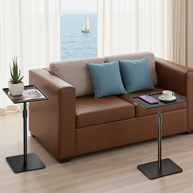 Metal Sofa Side Table,Height Adjustable Tall Side Couch Tables,Small TV Tray Table for Small Spaces with Matte Black Tray,Square Drink Coffee Tables for Bedroom,Black