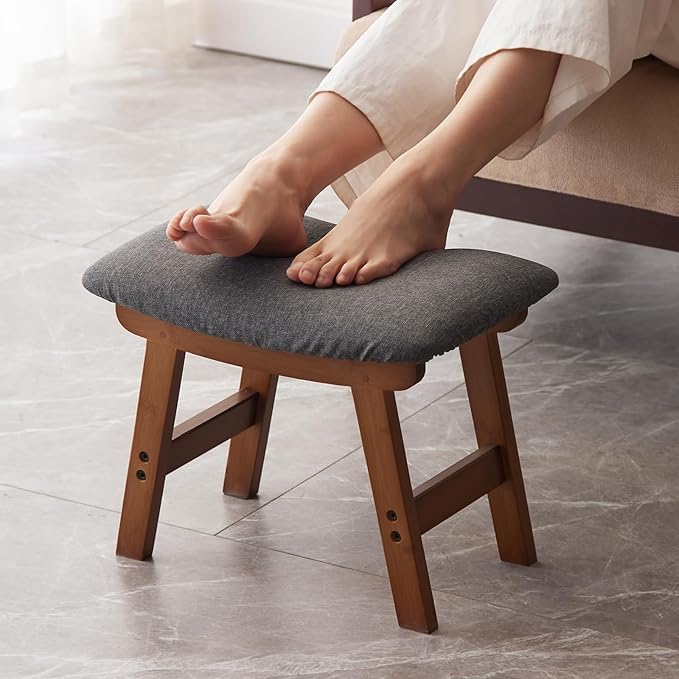 Foot Stool,Ottoman,Bamboo Small Sofa Foot Rest Under Desk,Extra Seating for Living Room, Bedroom and Kitchen (Brown Stool Legs - Gray Surface)