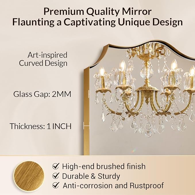 24x32 Gold Mirror, Brushed Gold Scalloped Mirror for Bathroom in Premium Stainless Steel Metal Thin Frame Deep 1", Antique Brass Irregular Wall Mirror Hangs Horizontal or Vertical
