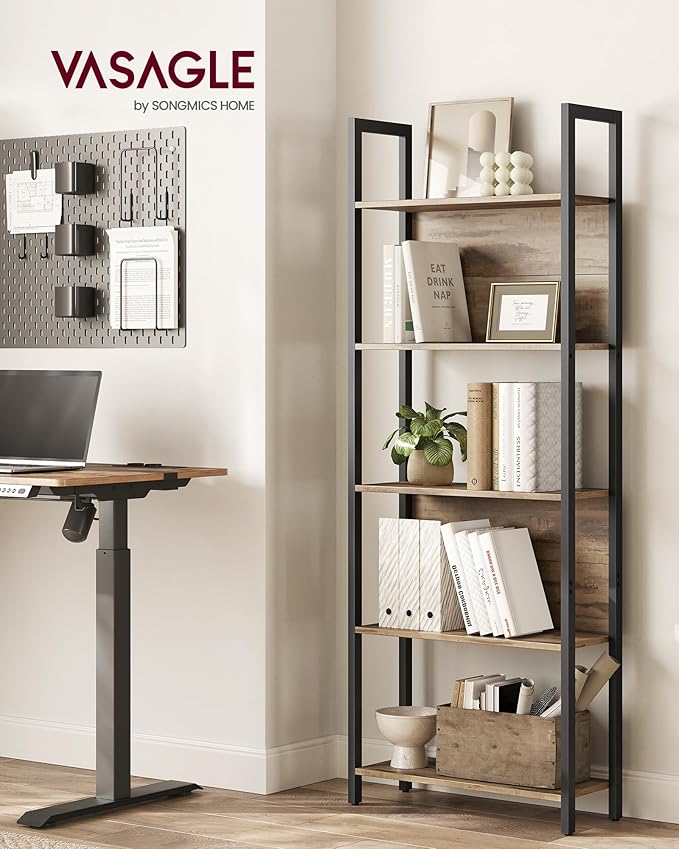 VASAGLE 5-Tier Bookshelf, Book Shelf, Industrial Bookcase, with Steel Frame, for Living Room, Home Office, Bedroom, 9.4 x 24.4 x 65 Inches, Camel Brown and Black ULLS025B50