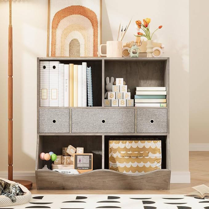 IDEALHOUSE 7-Cubby Large Kids Toy Storage Organizer, Children Wood Bookcase and Bookshelf, 3-Tier Toy Storage Cabinet with 3 Drawers for Hallway, Playroom, Living Room, School, 2 Set Gray