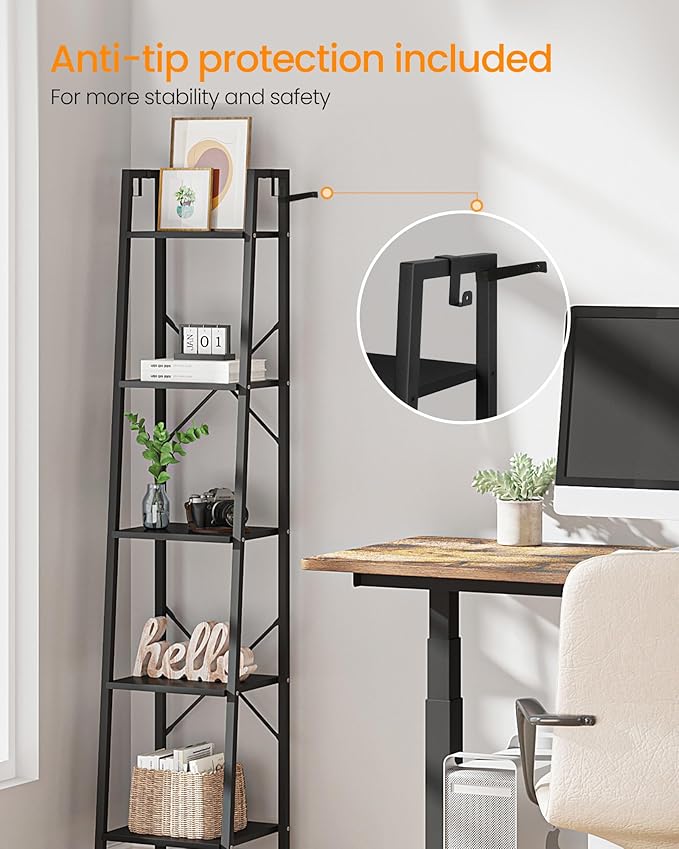 Ladder Shelf, Bookshelf Bookcase, Freestanding Corner Storage Shelve with 2 Hooks for Home Office, Living Room, Kitchen, Bedroom, Industrial, 5-Tier Black BC03204B