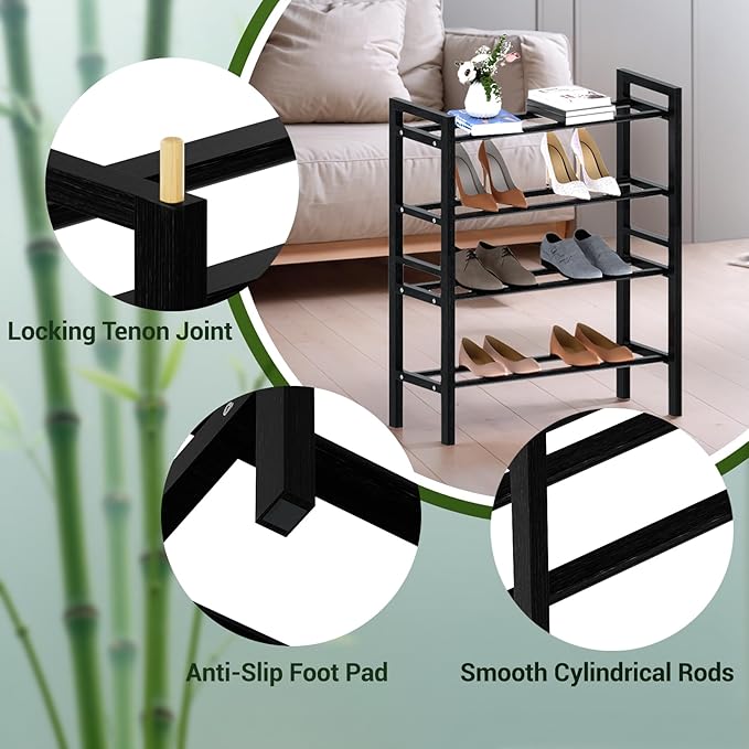 Haddockway Bamboo Shoe Rack for Closet, Free Standing Shoe Organizer with Smooth Round Rods & Convenient Handles, Stackable Shoe Storage Shelf for Entryway, Hallway(Black, 4-Tier(Small))