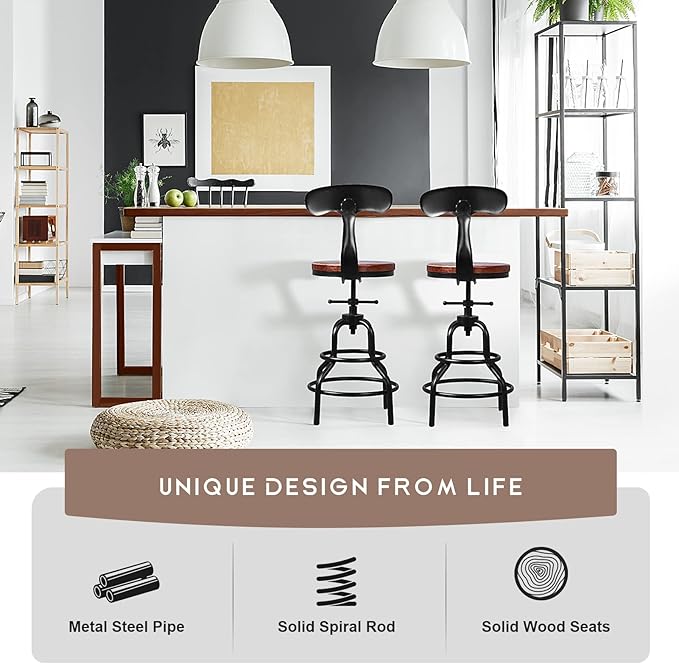 Diwhy Industrial Vintage Counter Stool, Kitchen Counter Height Adjustable Swivel Chair, Metal Frame Stool, with Iron Backrest, 20.47-26.77 Inch, Fully Welded Base, Set of 2