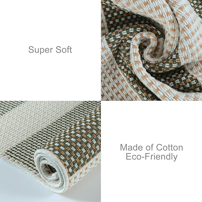 OJIA Outdoor Patio Rug 5'x7', Striped Rug Machine Washable Large Area Rugs Cotton Woven Thin Indoor Outdoor Rugs for Bedroom/Living Room/Front Porch/Deck/Backyard/Camping (Green/White/Tan)