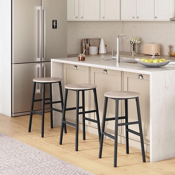 Bar Stools, Set of 2 Round Bar Chairs with Footrest, 24.4 Inch Kitchen Breakfast Bar Chairs, Industrial Bar Stools, Easy Assembly, for Dining Room, Kitchen, Greige BAHG0201Z