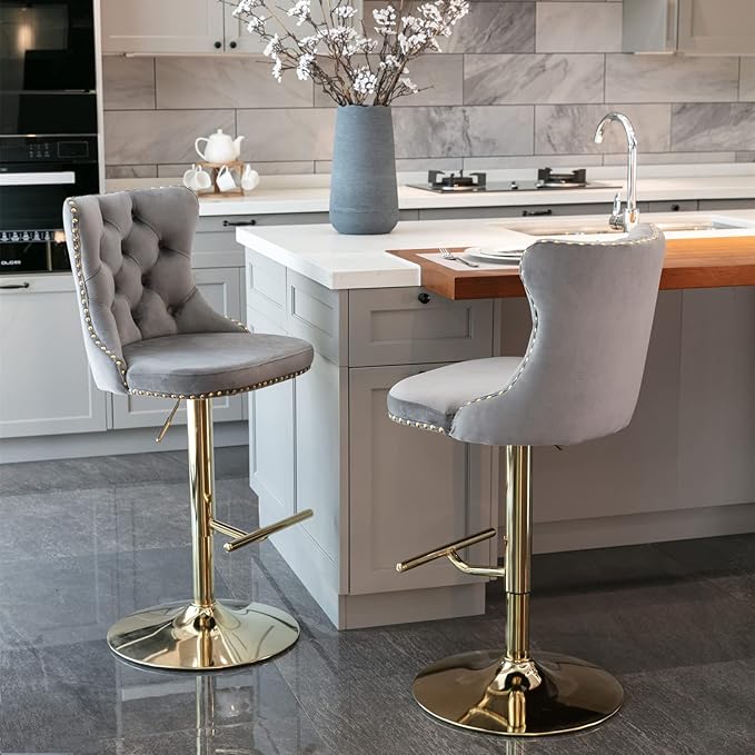 PacknWood Acosure Golden Swivel Velvet Barstools Adjusatble Seat Height from 25-33" with Comfortable Tufted,Modern Upholstered Chrome Base Bar Chairs,for Home Pub Kitchen,Gray,Set of 2