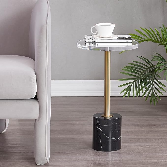 LIKENOW Furniture Acrylic Side Table,Clear Small Round End Table for Living Room,Bedroom,Office | Modern Nightstand with Marble Base,Gold Post,Clear Top for Drink,Food,Snack,Assembly(Black)