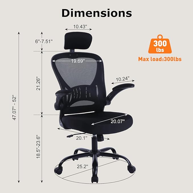 ralex-chair Ergonomic Office Chair with Adjustable Headrest & Lumbar Support, Desk Chair with Flip-Up Armrests, Comfortable for Home, Office, Conference Room