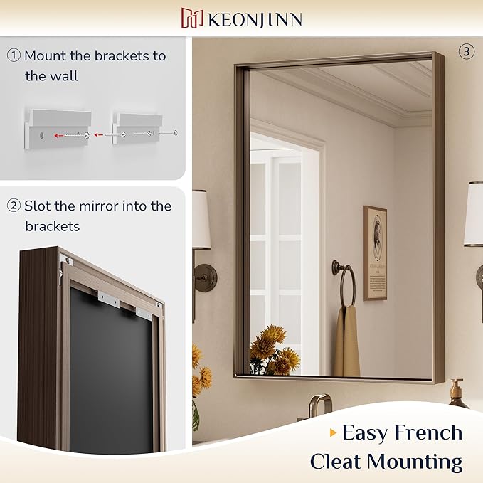Keonjinn 30 x 36 Inch Brushed Bronze Bathroom Mirror, Metal Framed Rectangular Vanity Mirror for Wall, Square Corner, Modern Farmhouse, Rectangle Bathroom Mirrors for Over Sink(Horizontal/Vertical)