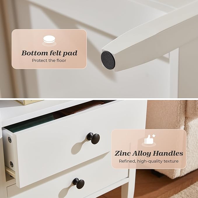 Huuger Nightstand with Charging Station, White Nightstand with 2 Drawers, Bed Side Table for Bedroom, Bedside Table with Storage, Modern Nightstands, Metal Knobs, Painted Surface