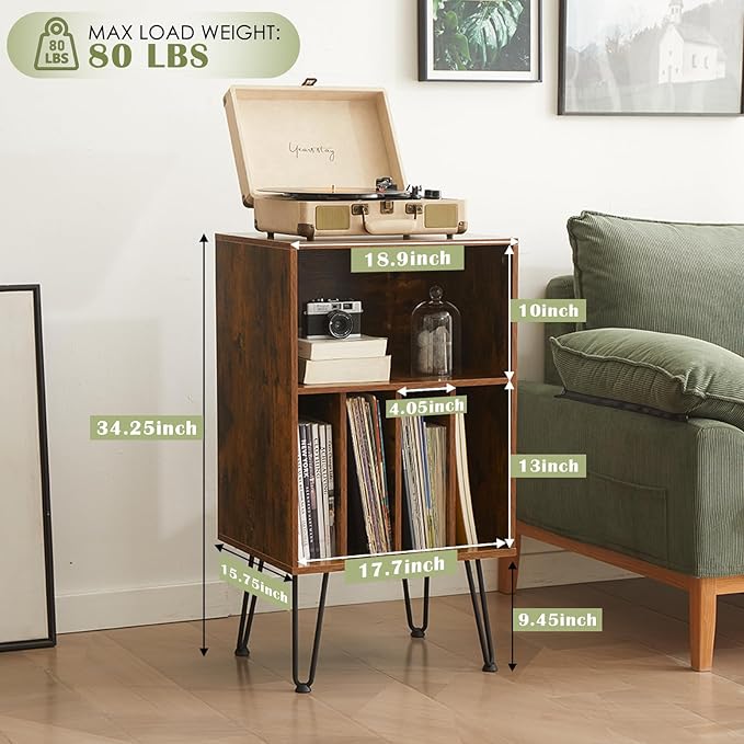 Record Player Stand with Vinyl Storage, Vinyl Record Storage Cabinet Holds Up to 150 Albums, End Table for Record Player, Turntable Stand with Record Storage for Living Room, Brown